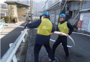 Water discharge drill for factory fires