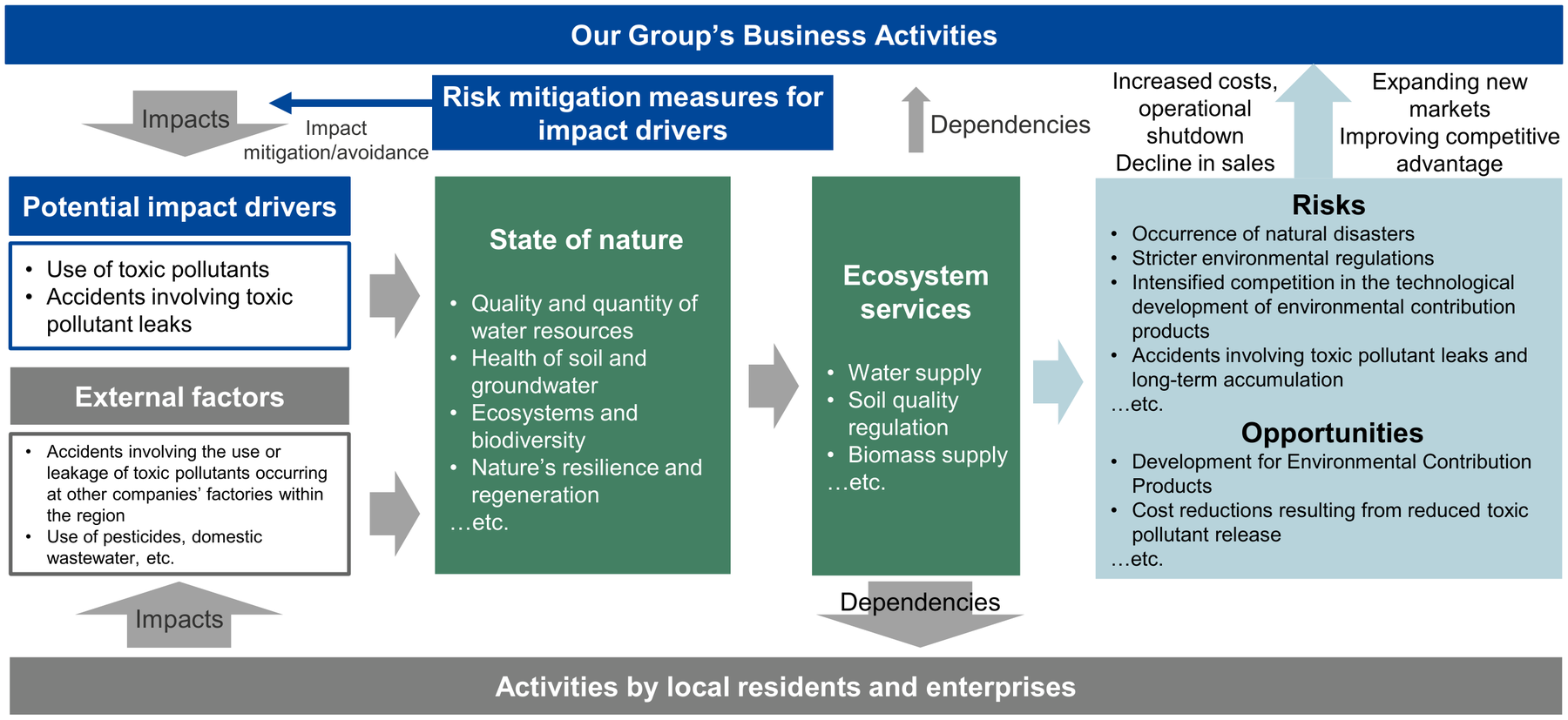 Business strategy based on dependencies, impacts, risks, and opportunities